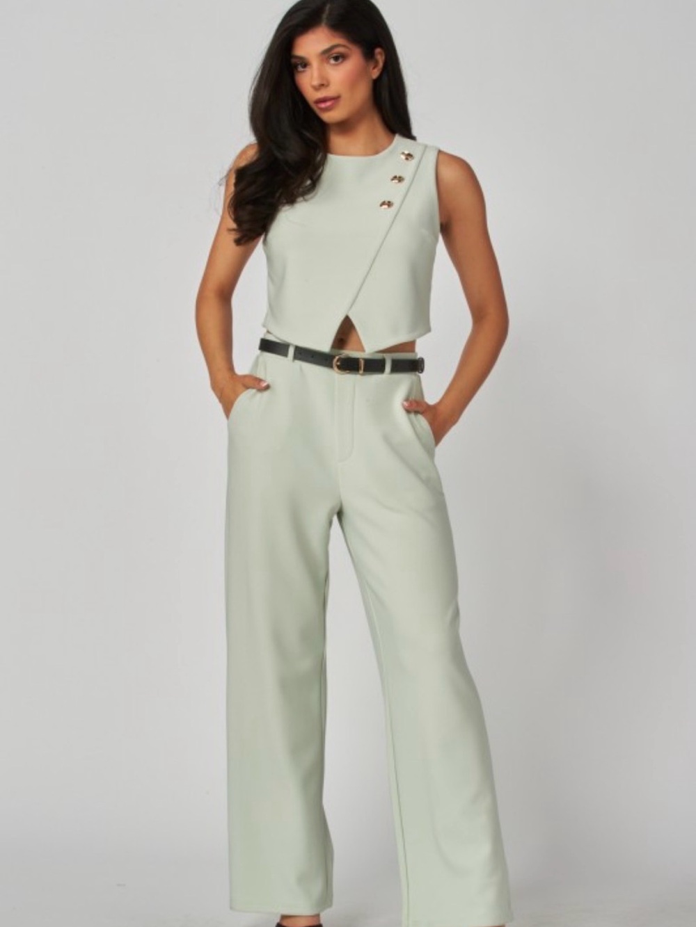 Sleeveless Mint Green Vest and Belted Pant Suit set  with Gold Button Detail